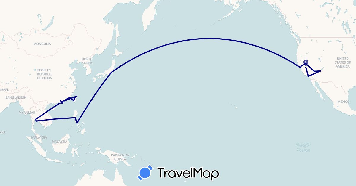 TravelMap itinerary: driving in China, Hong Kong, Japan, Philippines, Thailand, Taiwan, United States (Asia, North America)